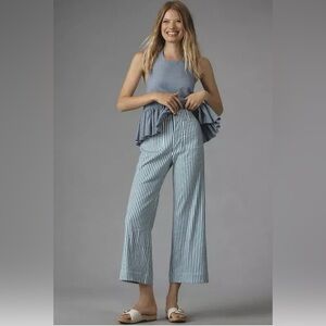 NWT Anthropologie Colette Crop Linen Pants Wide Leg Maeve Blue Stripe Size 24P